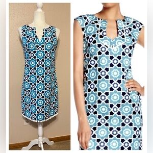 Sz 2 Trina Turk Moroccan Quatrefoil Print Shift Dress Blue & White
